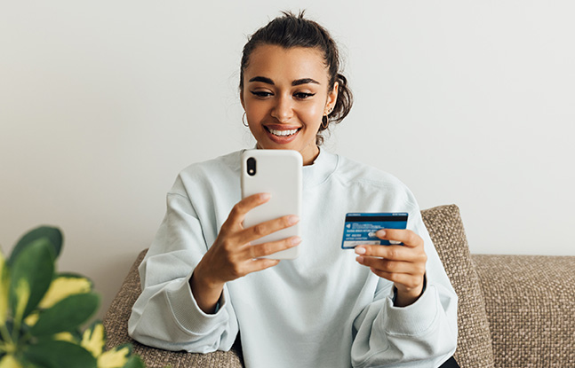 smiling woman shopping phone